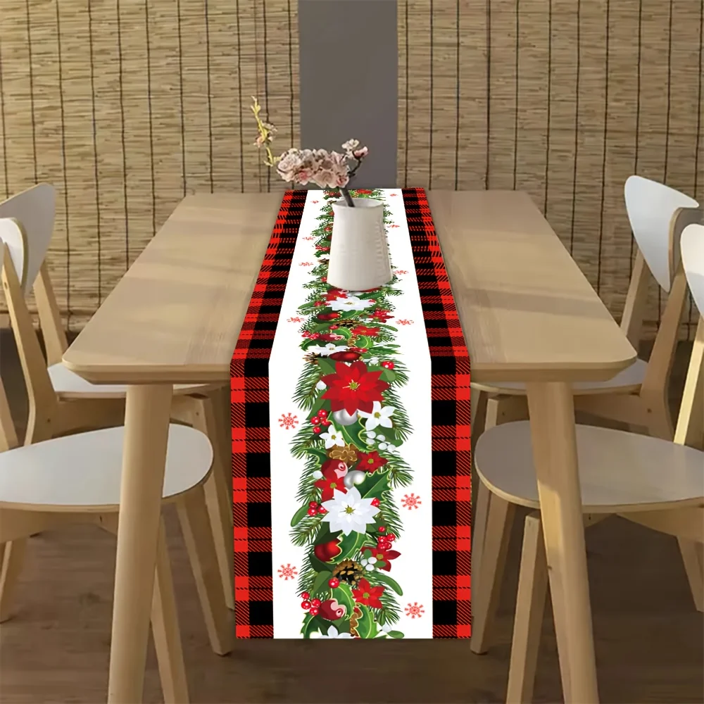 Merry Christmas Poinsettia Flower Linen Table Runner for Table Decor Winter Xmas Pine Needle Table Runners Christmas Decorations