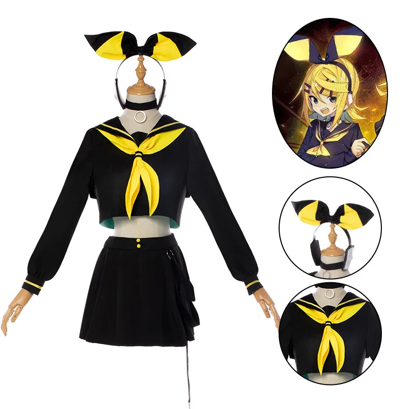 Anime Vocaloid Miku Cosplay Costume Sister Rin Brother Len Halloween Party Uniform Yellow Wigs Christmas Gifts Tops+Skirt