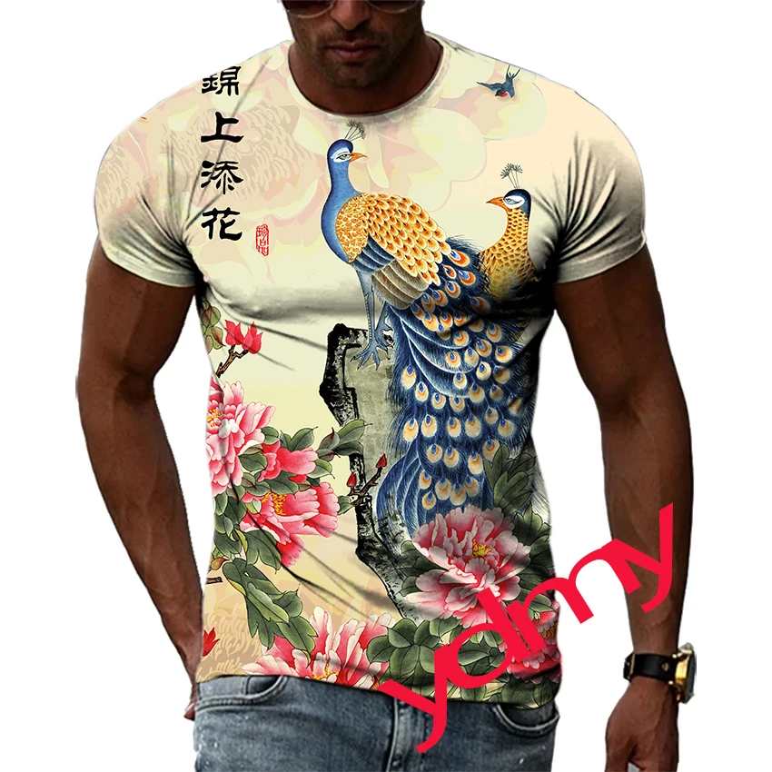 Tide Fashion Summe Rich peacock Picture Men's T-shirt Casual Print Tees Hip Hop Personality Round Neck Short Sleev Quick Drying