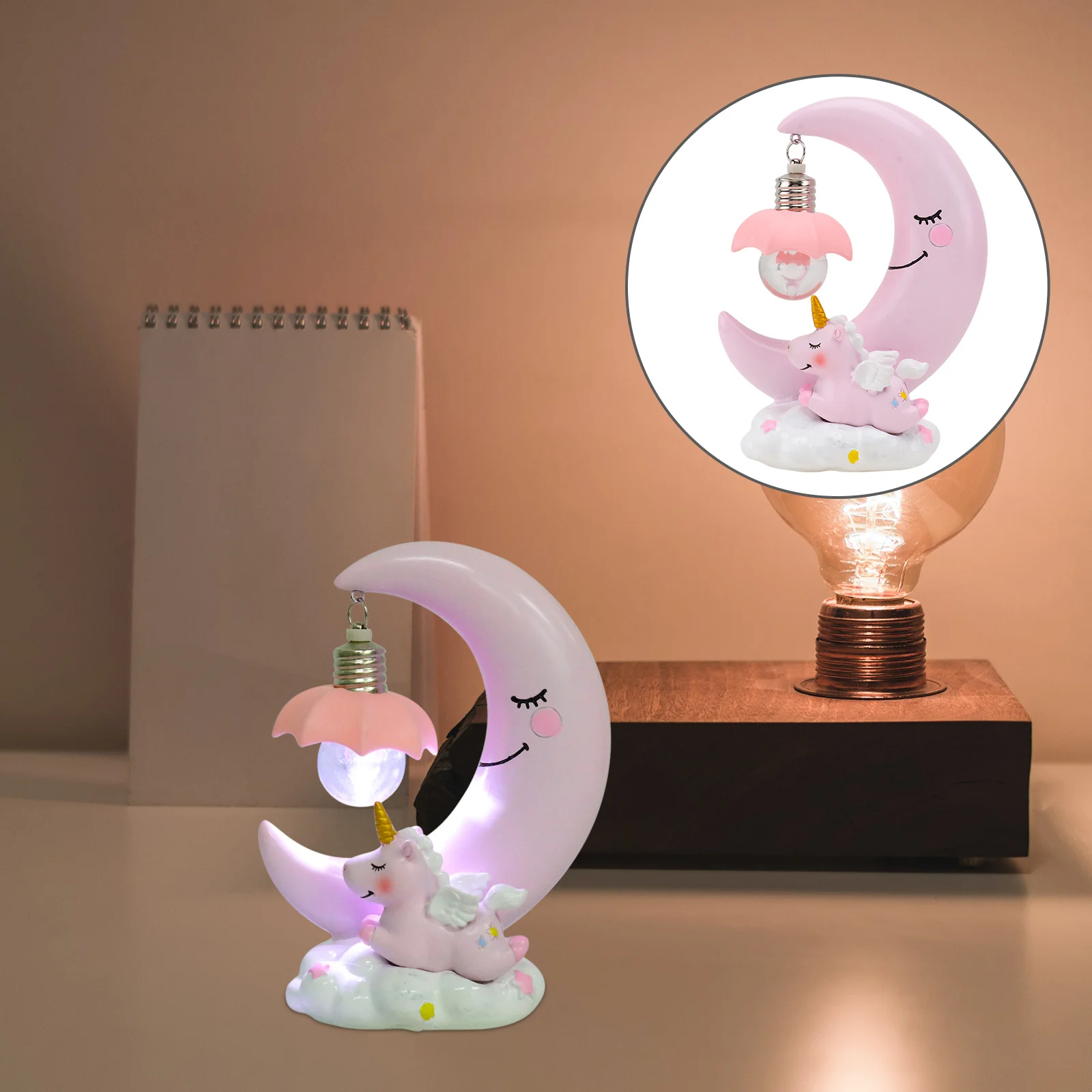 1 pz unicorno luna resina lampada da notte lampada da comodino cartone animato luce decorativa regalo per bambini camera da letto soggiorno ornamenti sul comodino