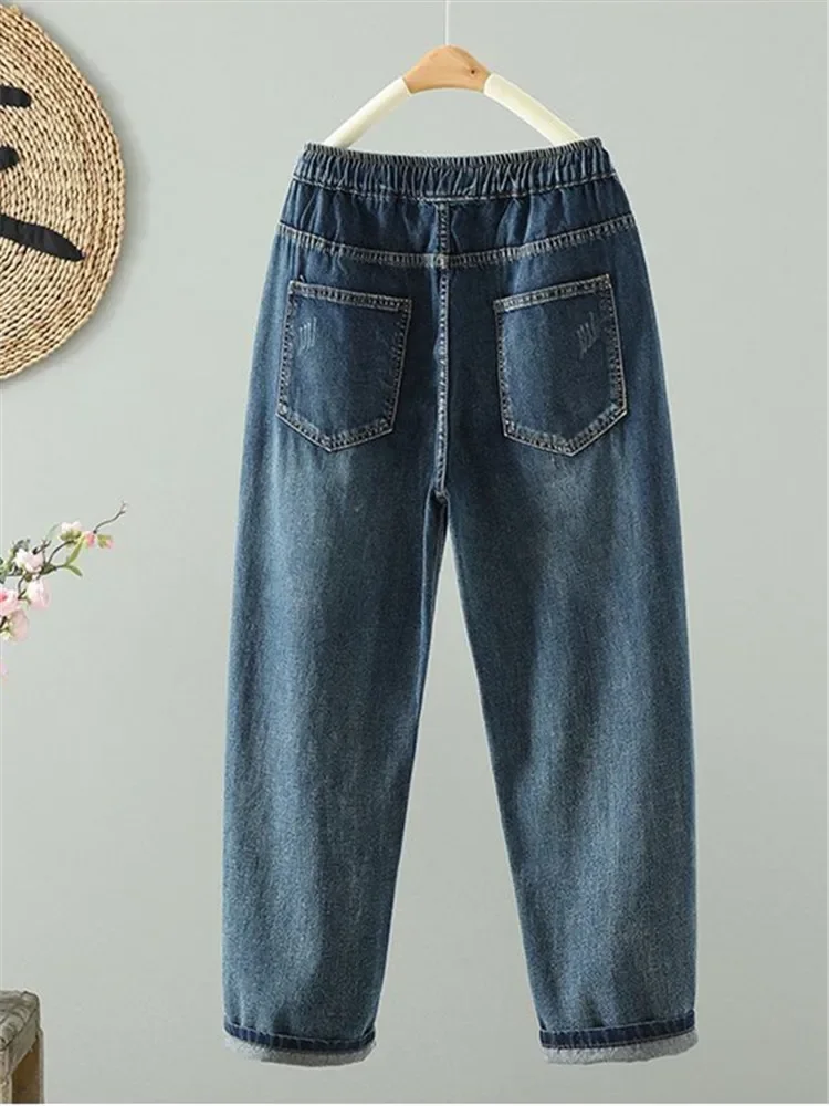 

y2k Elastic Waist Embroidery Lace Up Ankle-Length Pants Summer Casual Pencil Jeans Spring Korean Fashion New Vintage Clothes