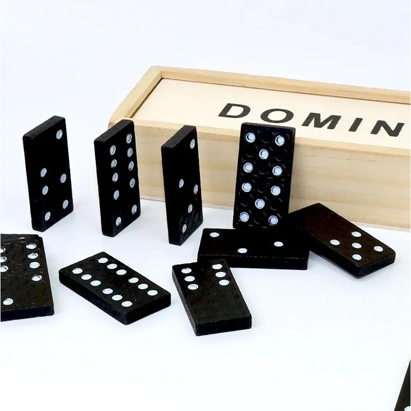 

28 Pieces Of Black Dominoes Wooden Board Game Party Puzzle Small Wooden Box Set Dominoes Entertainment Gambling Dominoes