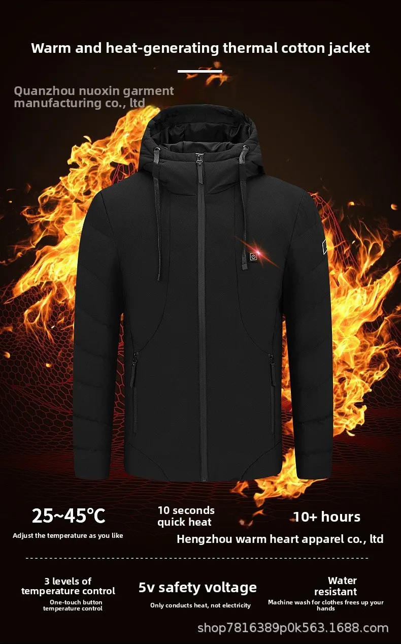 

Winter Youth Black Hooded Intelligent Heating Cotton Clothes with Detachable Collar Thickened Loose