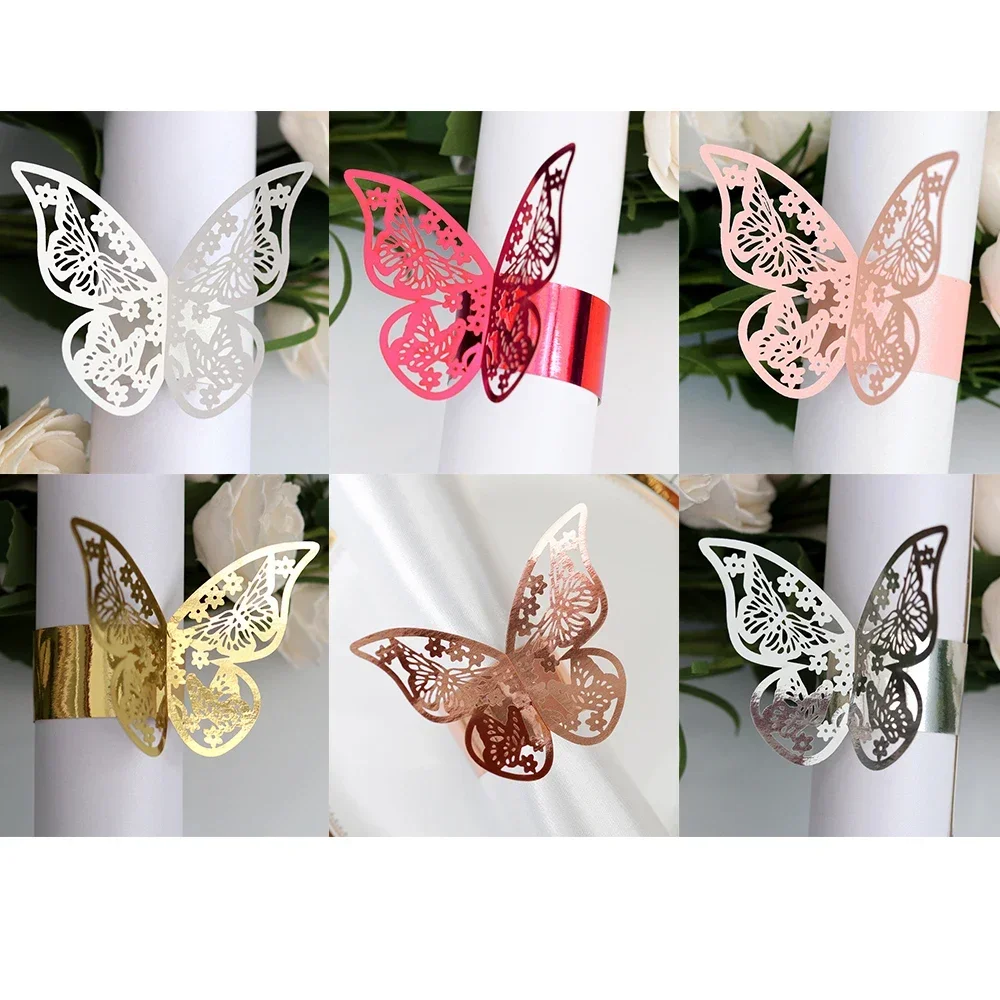 

50Pcs Butterfly Napkin Ring Hollow Napkin Button Rose Gold Towel Button Anniversary Wedding Centerpiece Hotel Table Décor