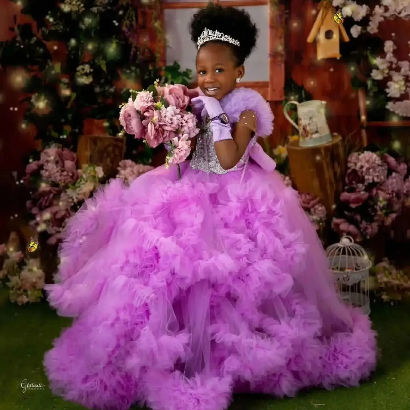 Lilás vestidos da menina de flor para o casamento rendas apliques babados cristais vestido da menina para photoshoot primeira comunhão vestido personalizado