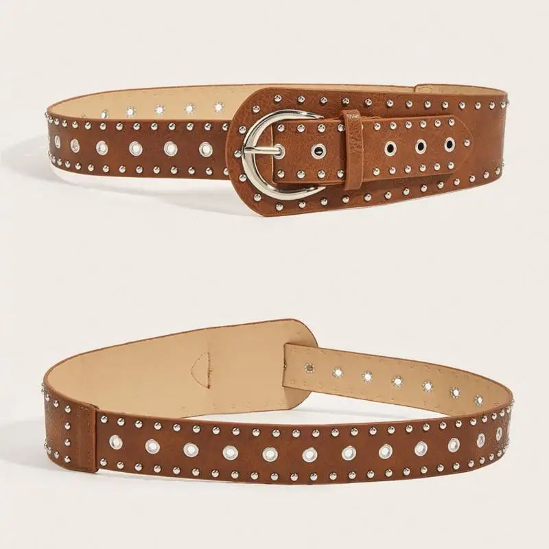 Schwarzbrauner Retro Vintage Nieten-Gürtel mit Nieten-Design Y2k Damen-Taillengürtel Schicker Punk PU-Leder Kleider-Jeans-Gürtel für Frauen – Detail 4