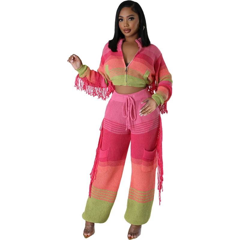 Colorblock Knitted 2 Piece Sets Women Outfit Fall Clothes 2024 Women Tassel Sweater Top and Pant Sets Casual Knitting Woman Sets