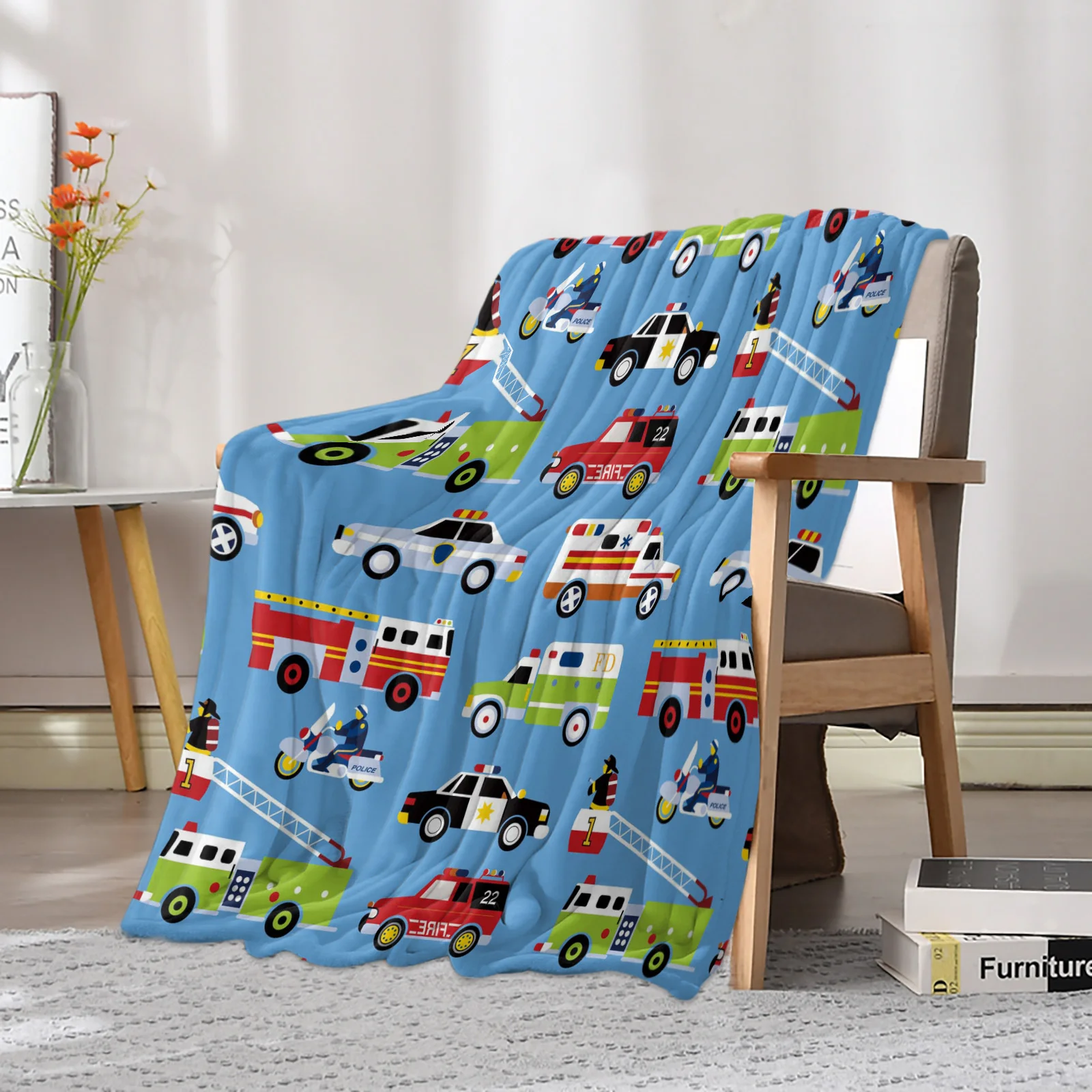 Cartoon Fire Truck Ambulance Police Car Printed Throw Blanket Flannel Fleece Blankets for Sofa Couch Bed Bedroom Bedspread