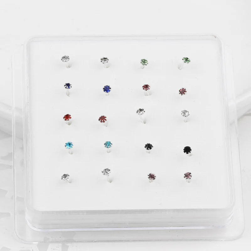 Fashionable Set Of 20 Simple Colored Crystal Nose Studs Men And Women\'S Small Nose Stud Nose Stud Piercing Jewelry