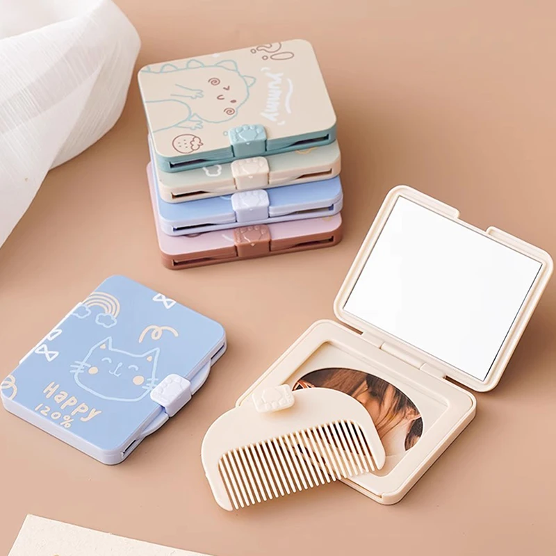 1pc Portable Flip Folding Makeup Mirror With Pull-out Type Comb For Girl Gift Makeup Tools Travel Square High-Definition Mirror