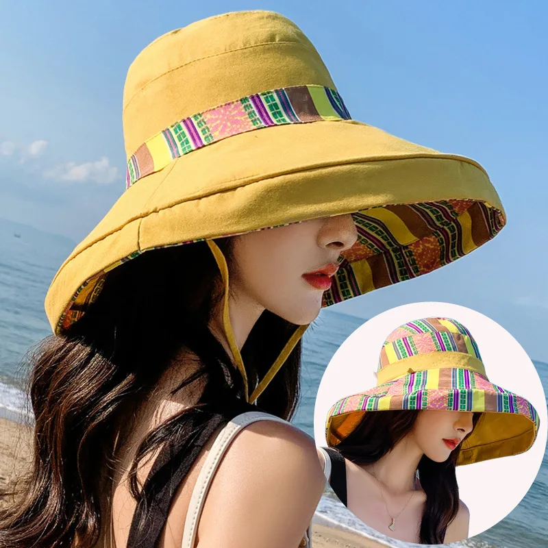 Sombrero de cubo de ala ancha para mujer, sombreros de sol con borde de Metal con cable, protección UV, gorra Boho UPF para playa, senderismo,