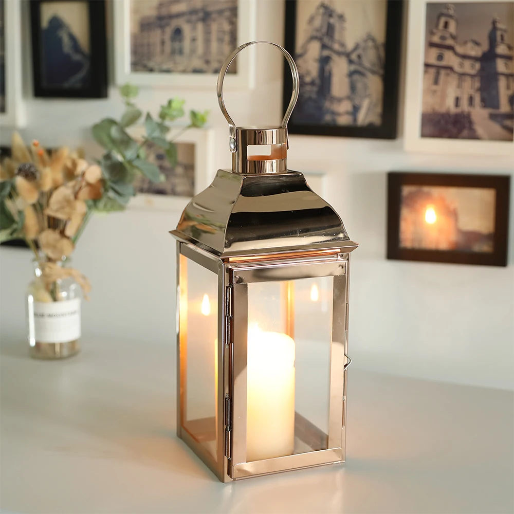 

Stainless Steel Candle Holder Lanterns Vintage Rose Gold Hanging Candle Lantern for Indoor Outdoor Wedding Home Decor Vintage