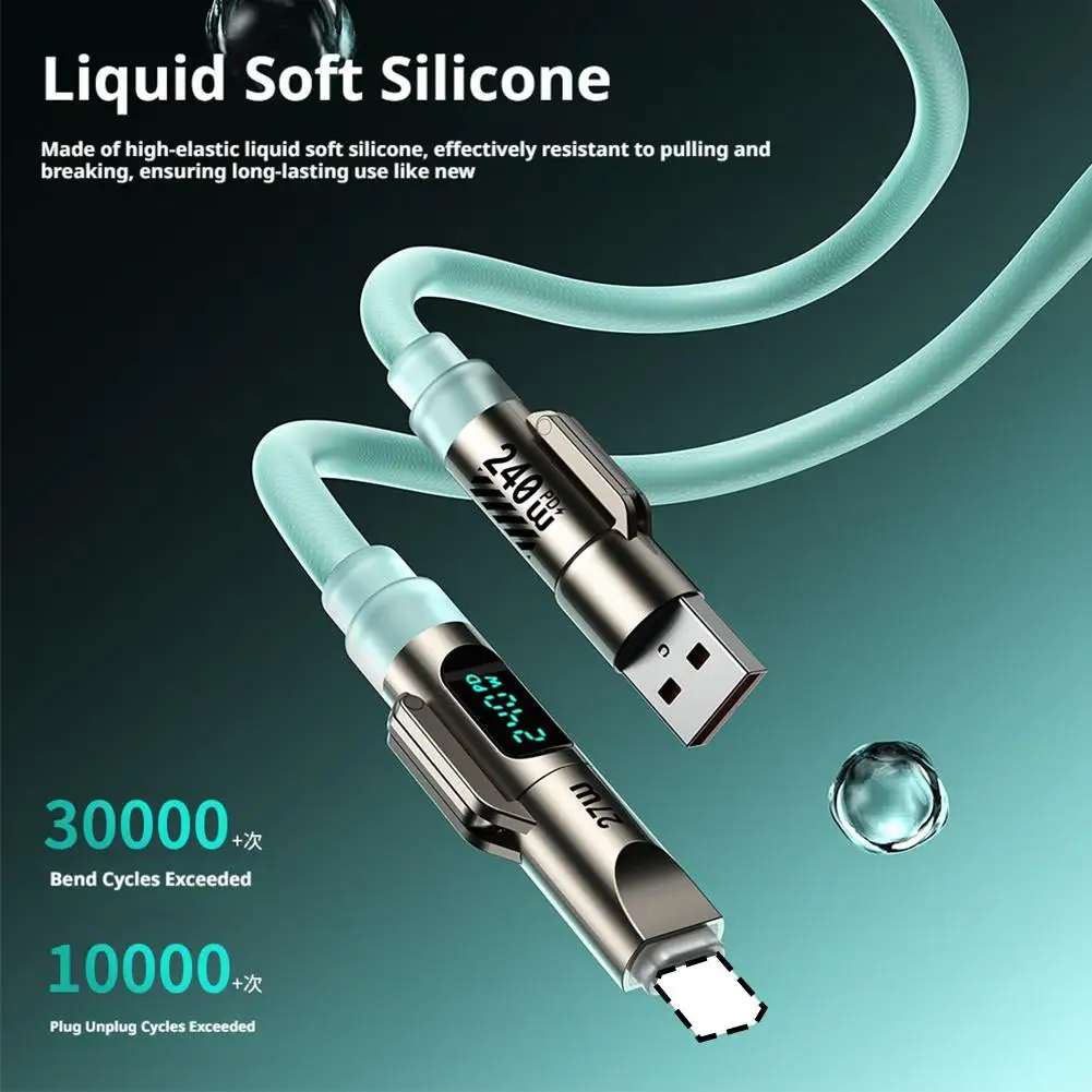 240W Fast Charging Cable Liquid Silicone 4 in 1, 2-to-2 Charging Cord With Digital Display & Breathing Light Portable