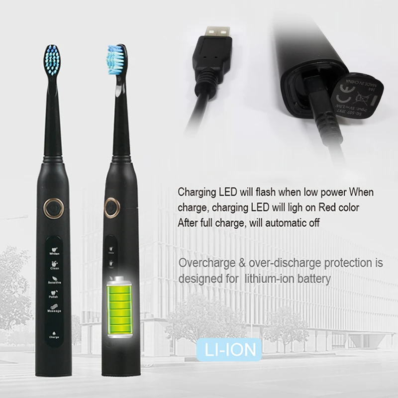 Sonic Electric Toothbrush SG-507 USB Rechargeable Timer Brush - Replacement Brush Heads/Box