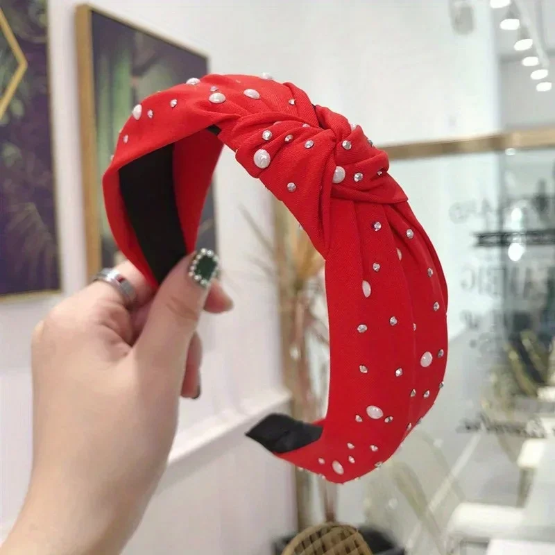 

New Fashion Girls Headband Handmade Shining Pearls Rhinestone Ornament Hairband Women Middle Knot Turban Hair Accessories