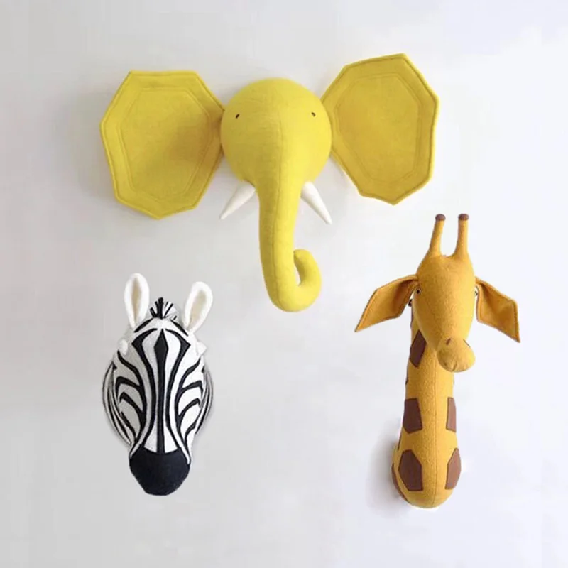 

Room Decor Plush Animal Head Zebra/Elephant/Giraffe Wall Hangings for Baby Bedroom Wall Mount Kids Stuffed Animal Nordic Toys