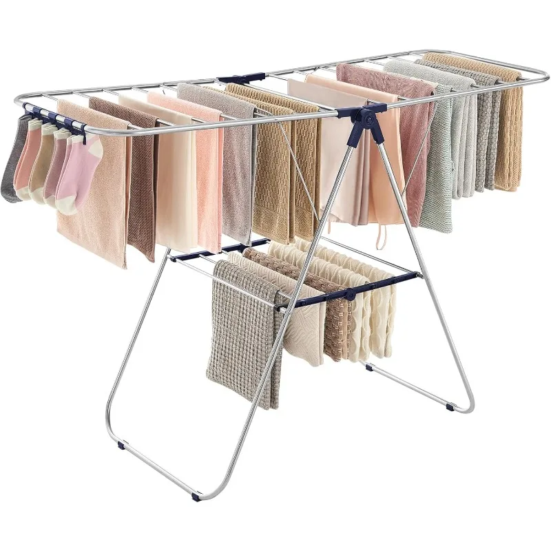 

Clothes Drying Rack, with Sock Clips, Metal Laundry Rack, Foldable, Space-Saving, Free-Standing Airer, with 2 Height-Ad