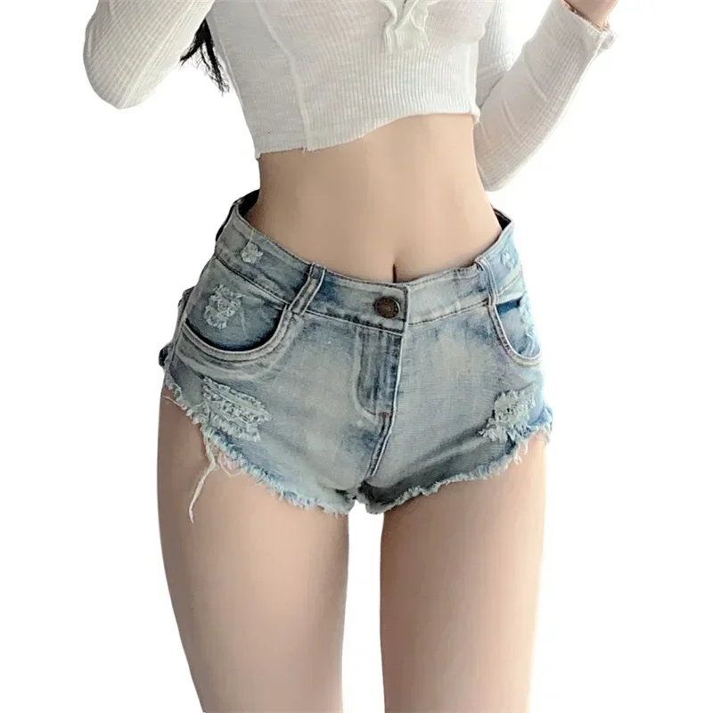 

Sexy High Waist Hip Lift Ultra-Short Denim Shorts Women Tassel Splice Broken Holes Triangle Trousers Female Three Quarter Pants