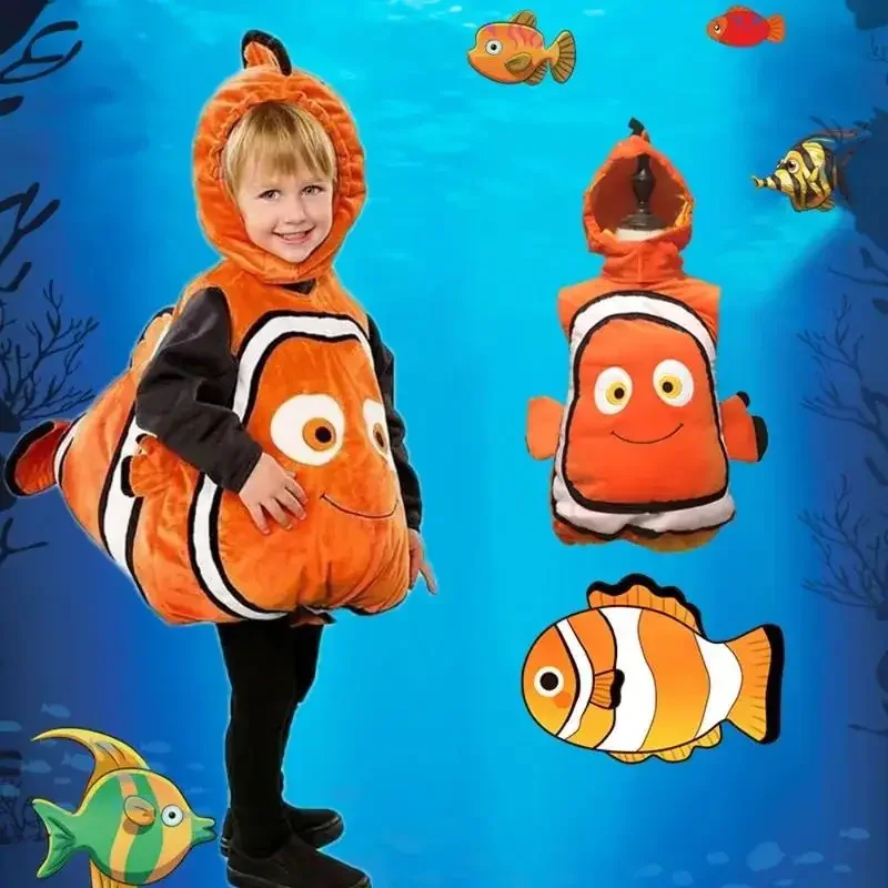 

New Halloween Cosplay Costume Cartoon Animal Underwater Mobilization Nemo Clown Fish Jumpsuit Headgear Set for Adult Boys Girls