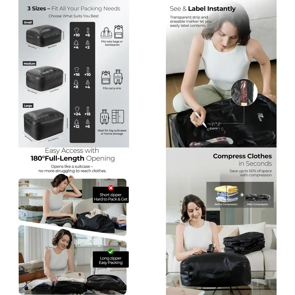 

Wireless Pump Travel Vacuum Bags, 180° Zipper, Waterproof & Reusable, Space-Saving Compression for Luggage & Storage (2 Pack + P