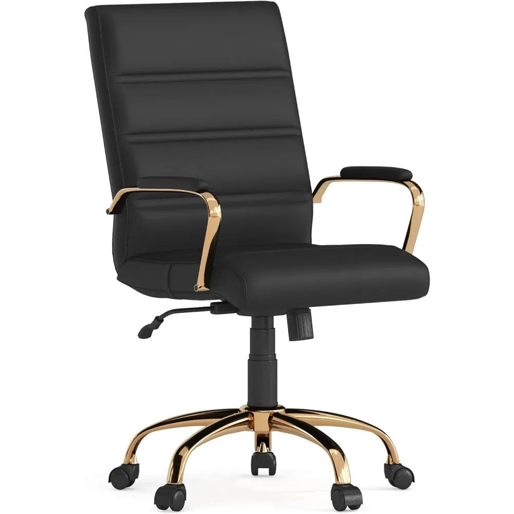 

Mid-Back Desk Chair - Black LeatherSoft Executive Swivel Office Chair with Gold Frame