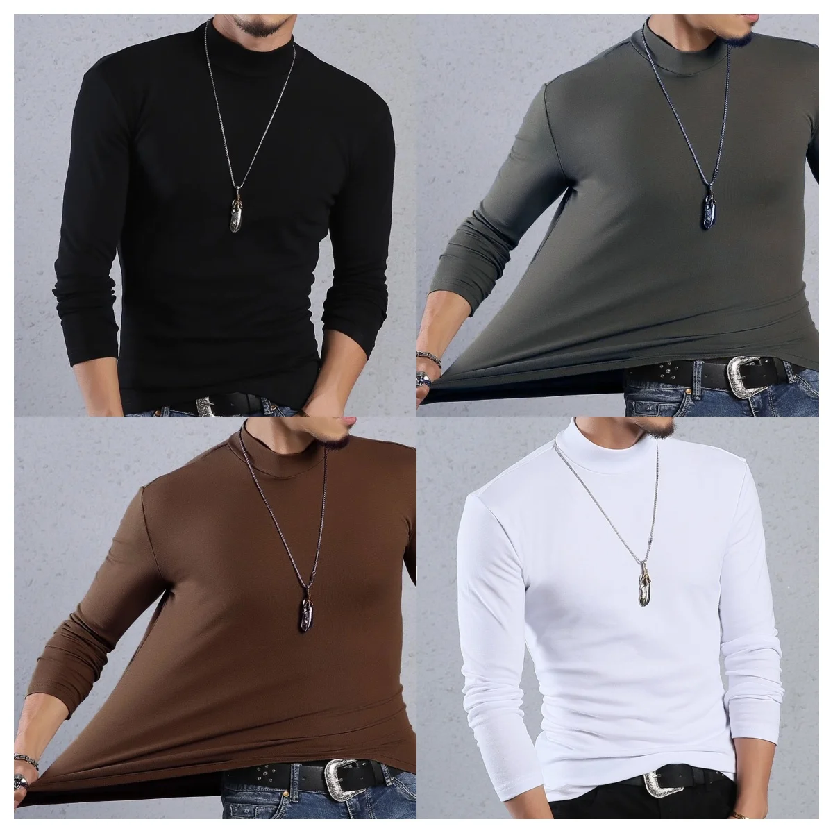 

Fashion Men's Oversize High Collar Long Sleeves Autumn Winter Pure Thermal Shirt for Men Layering Stylish T-Shirt Male