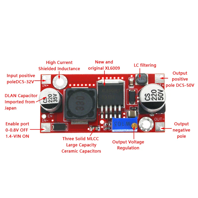 XL6009 4A Boost dönüştürücü adım yukarı ayarlanabilir 15W 5-32V için 5-50V DC-DC güç kaynağı modülü yüksek performanslı düşük dalgalanma