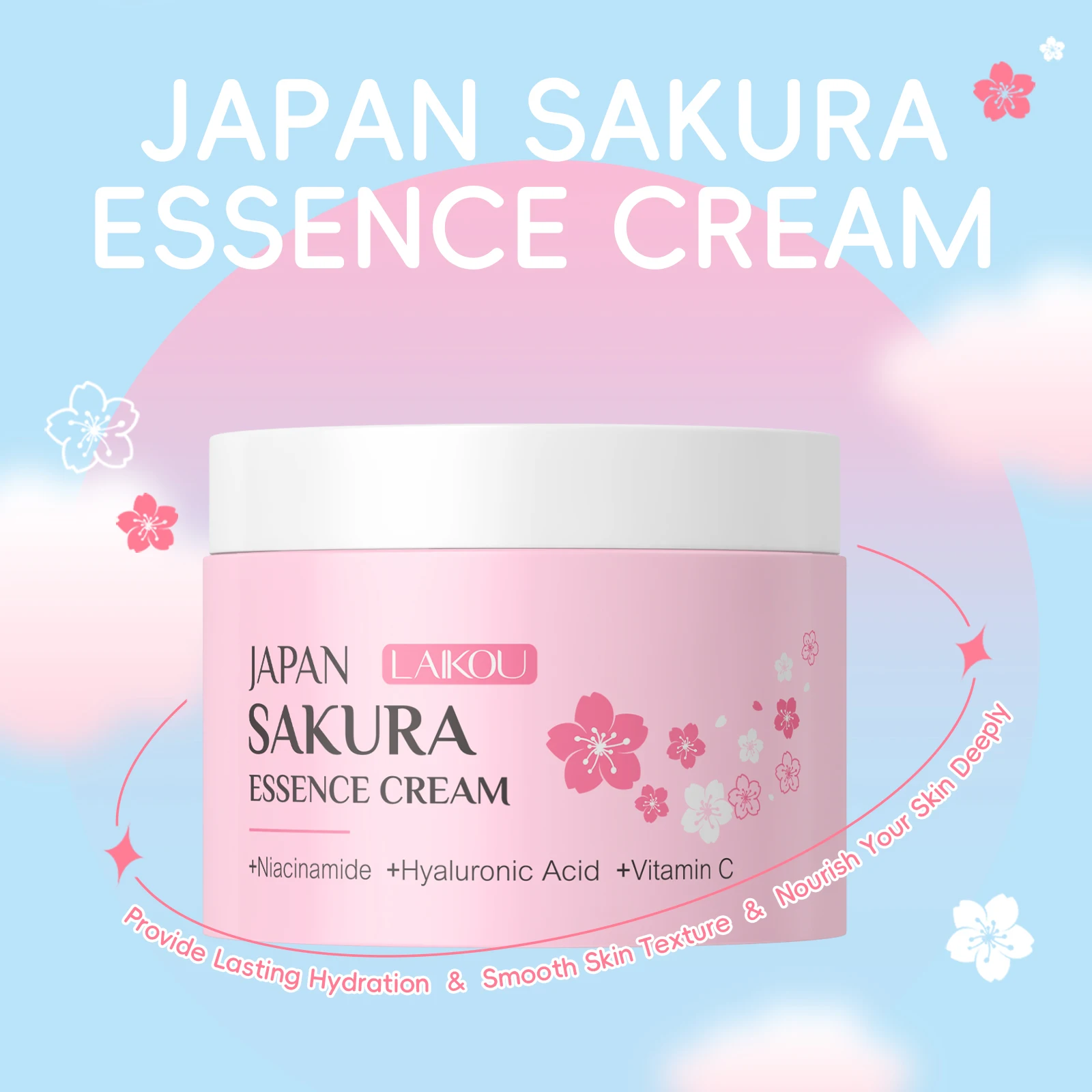 LAIKOU 5Pcs Japan Sakura Skin Care Set Serum Essence Cream Triple Roller Eye Serum Hydrating Mask Peel Off Mask Facial Kit