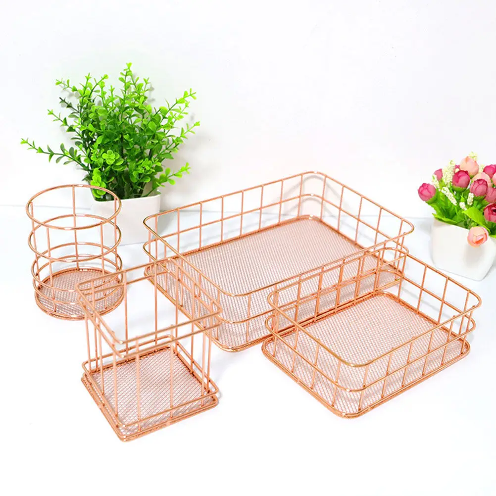 2Pcs Iron Art Rose Gold Storage Basket Nordic Metal Pencil Holder Desktop Storage Container Home Use Iron Basket