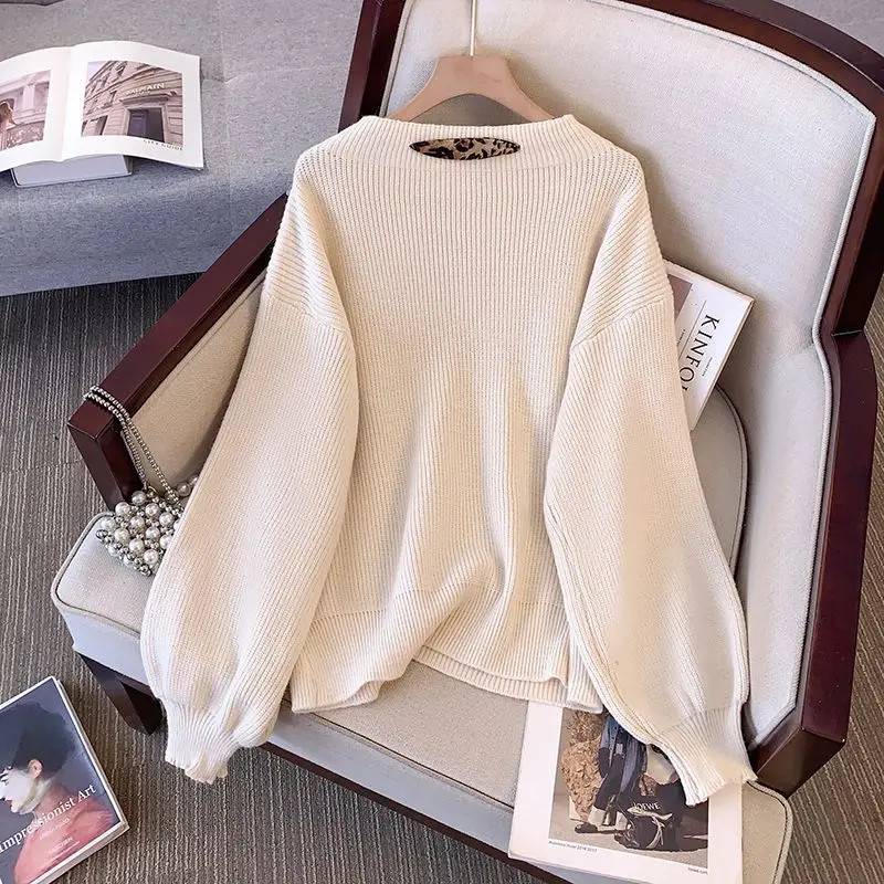 Leopard Print Bow Women\'s Chic Pullovers 2024 Vintage Elegant Autumn New Style Lazy Style Loose and Slimming All-match Sweaters