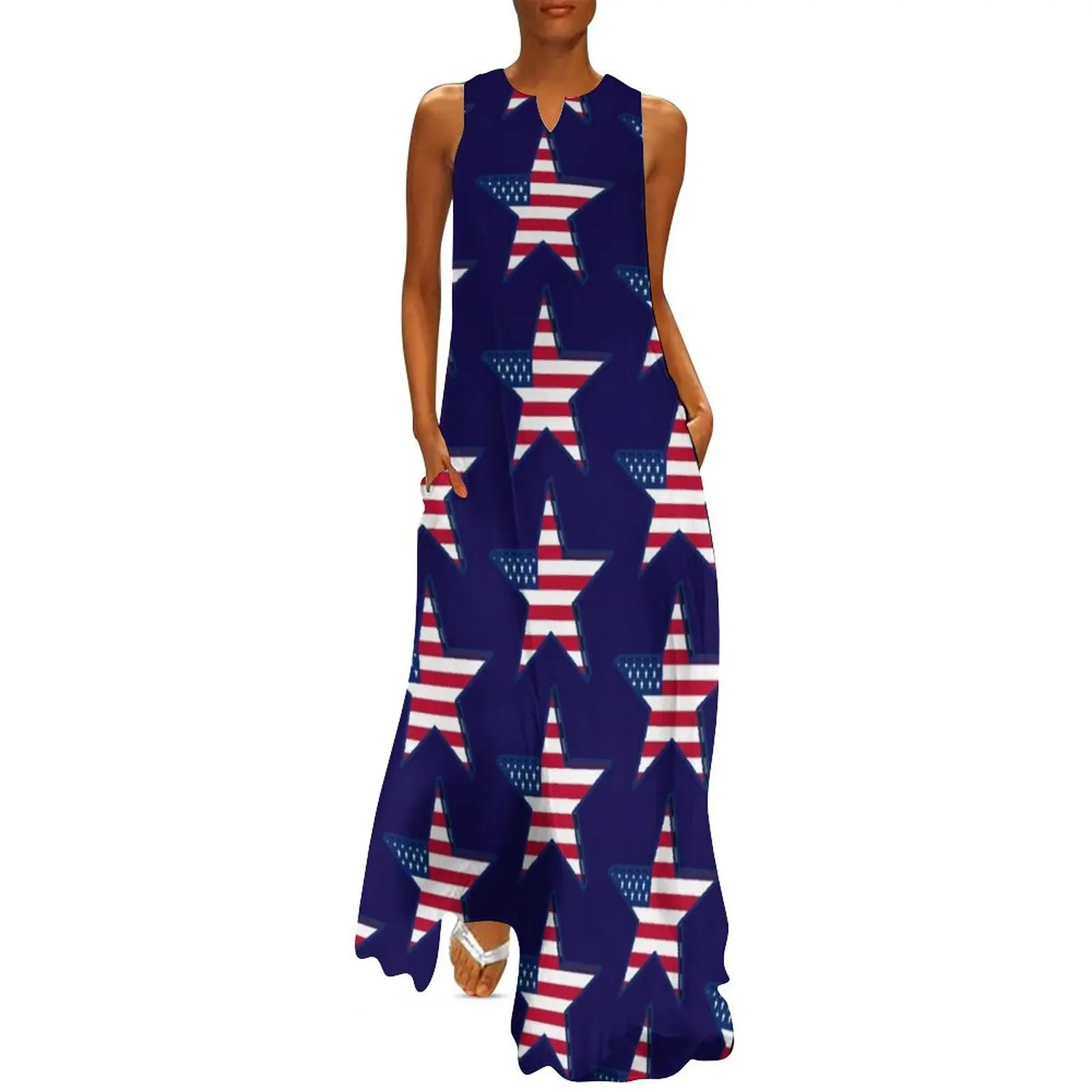 1980s USA girly American Flag star red white blue patriotic Long Dress Woman