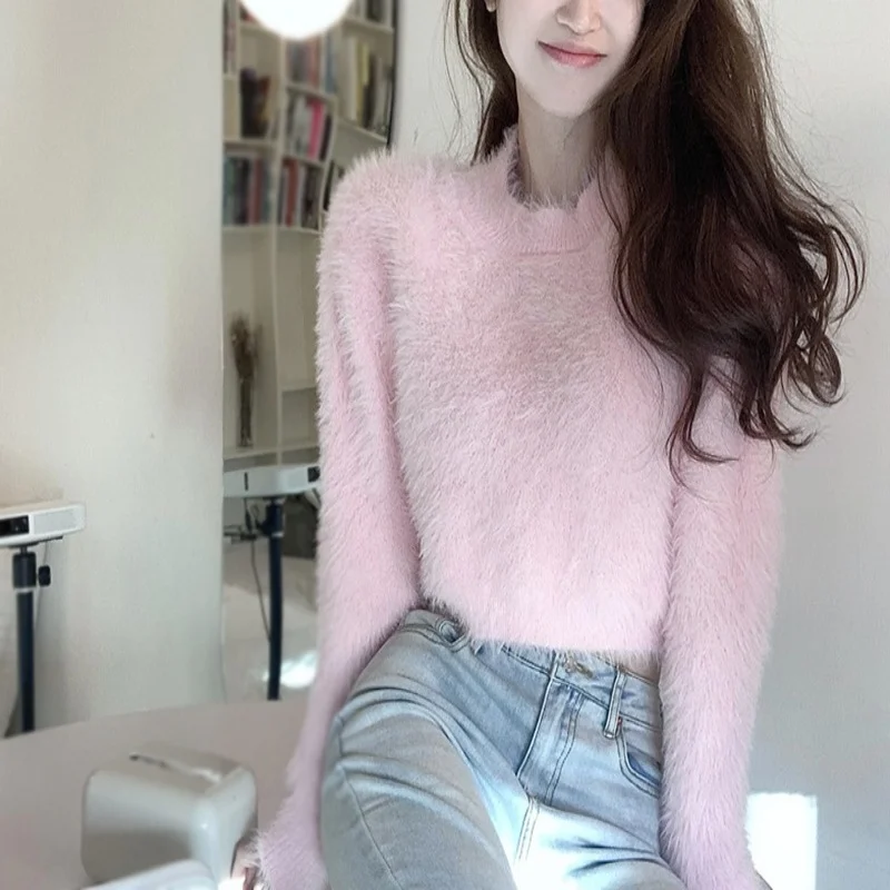 Women\'s Long Sleeves Sweater Lint Knitted Tops O Neck Pullover Casual Faux Mink Fleece Sweater Crop Tops