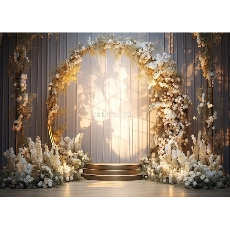 Fantasie Bruiloft Podium Fotografie Achtergronden Bloem Boog Achtergrond Banner Interieur Gordijn Versierd Fotostudio Props SG-04