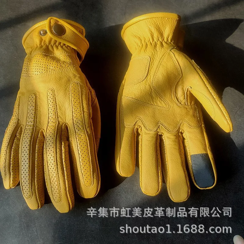 The First Layer of Cowhide Men's Motorcycle Retro Four-season Gloves, Leather Thin Breathable Protective Outdoor Riding