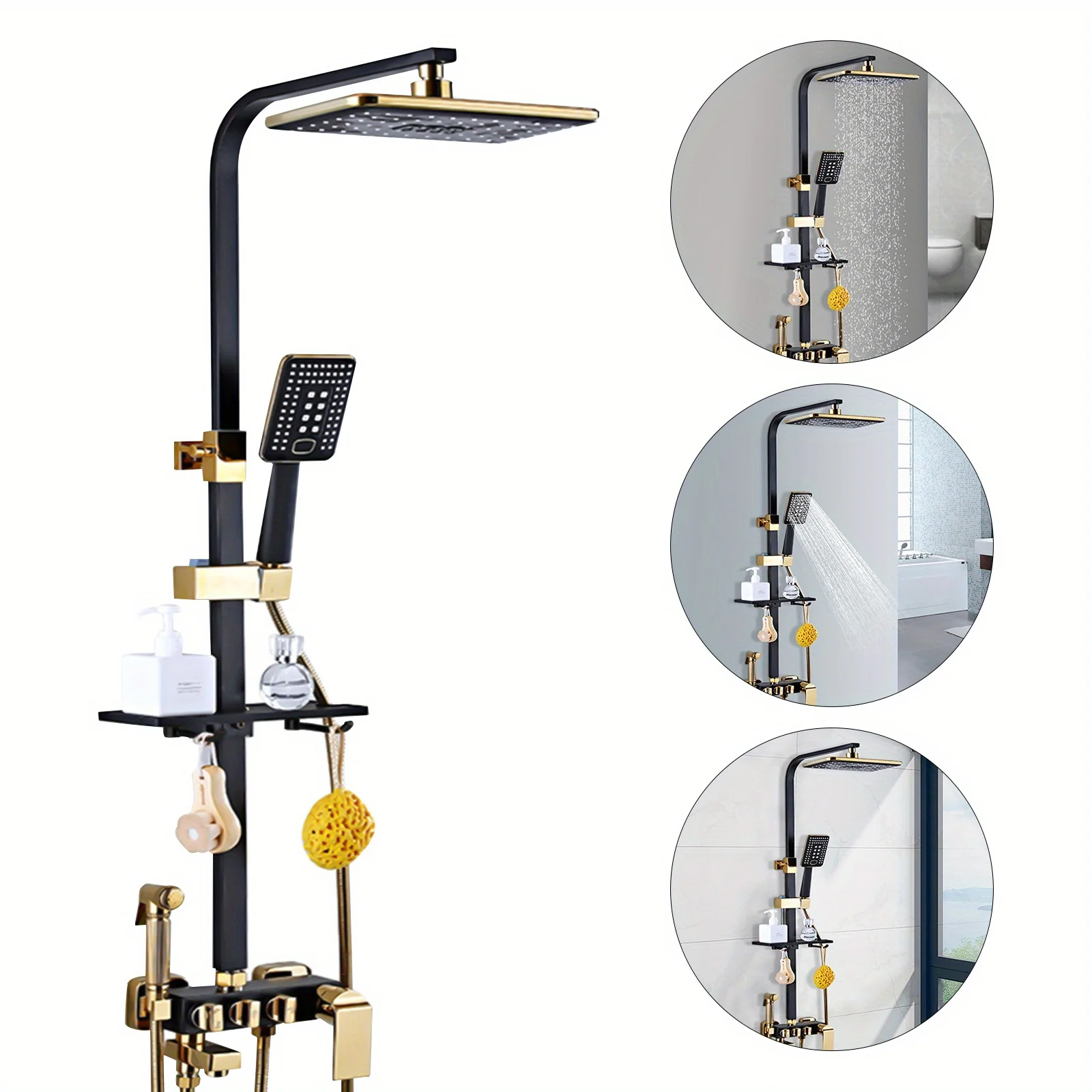 Système de douche pluie noir et or mural, kit de douche complet avec grand jet de pluie carré, douchette à main 3 modes, bec de baignoire, noyau de valve en laiton massif, fonction Air Boost, économie d'eau, valve en céramique, buses en silicone anti-colmatage, pour la rénovation de salles de bain à domicile et en hôtel