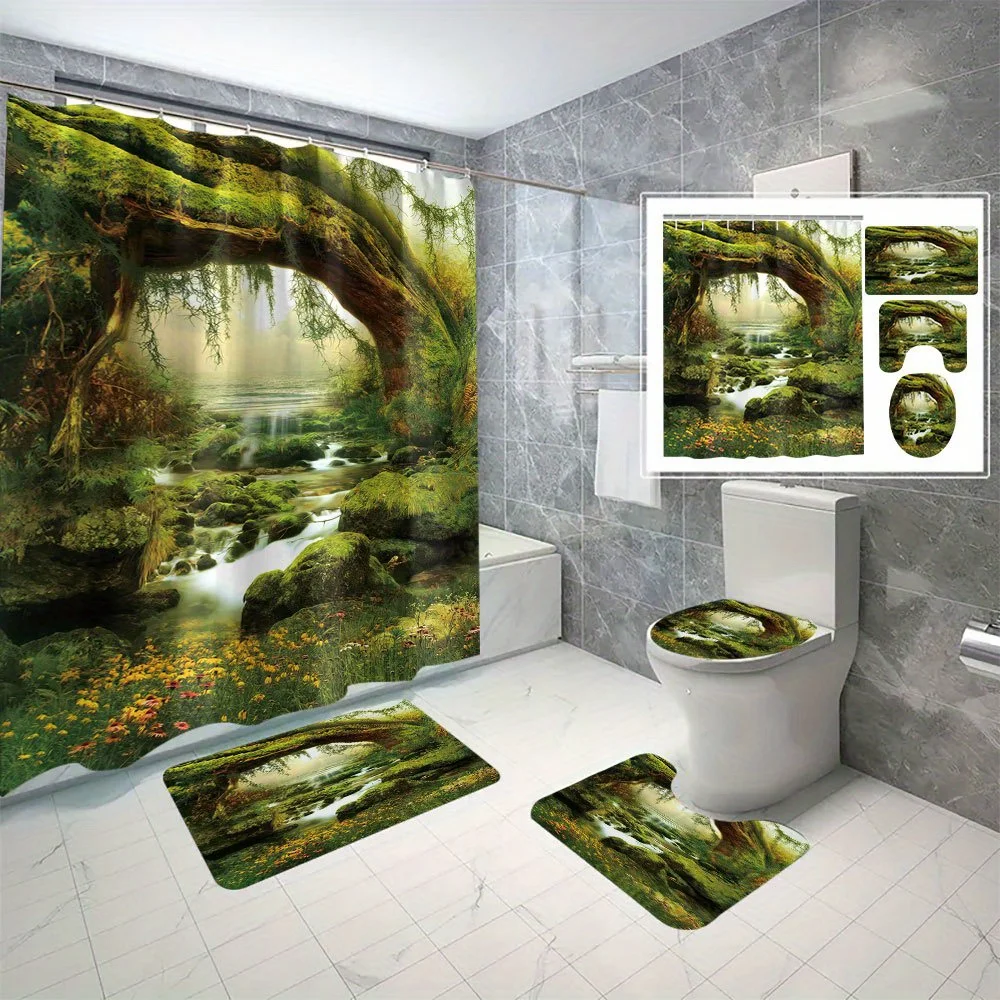 

Открытая полиэстеровая занавеска для душа из зеленого дерева с цифровым принтом, набор для ванной комнаты без перфорации с нескользящим ковриком