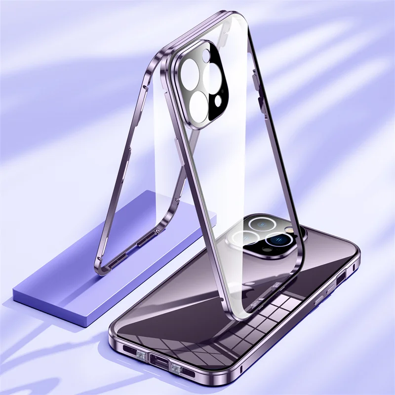 

Metal Magnetic Buckle Phone Case for iPhone 14 15 12 13 11 Pro Max Double-sided Glass 360 ° Full Lens Protection Phone Case
