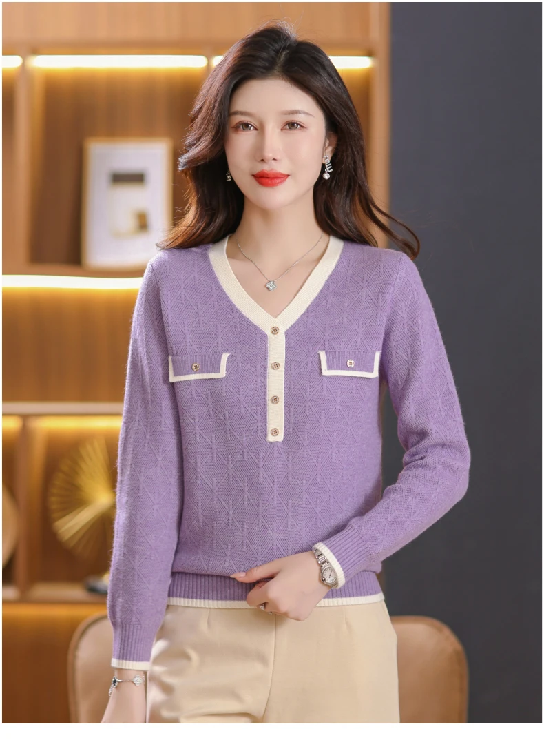 เสื้อสเวตเตอร์ไหมพรมคอวีทรงหลวมสไตล์ใหม่สำหรับฤดูใบไม้ร่วงและฤดูหนาวสำหรับผู้หญิง