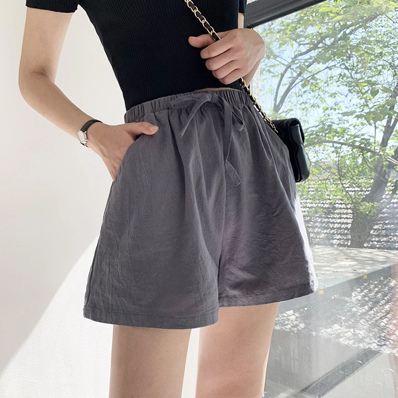 2022 Summer Elegant High Waist Flax Shorts Women Casual Solid Wide Leg Loose Cotton Linen Short Bottom Pants Pocket Biker Shorts