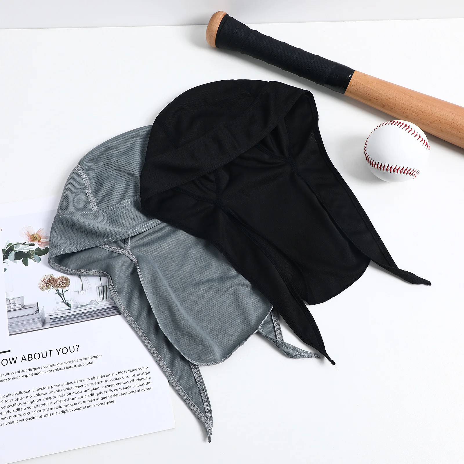 

2 Pcs Quick-drying Breathable Hats Bandanas for Men Biking Cycling Motorcycle Skull Cap Head Cover -01 Black -17 Grey