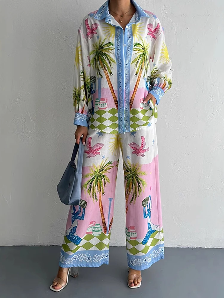 

Casual Women's Floral Print Shirts Pant Suits Lapel Long Sleeve Button Top Wide Leg Pant Lady Sets 2025 Autumn Lady 2 Pieces Set