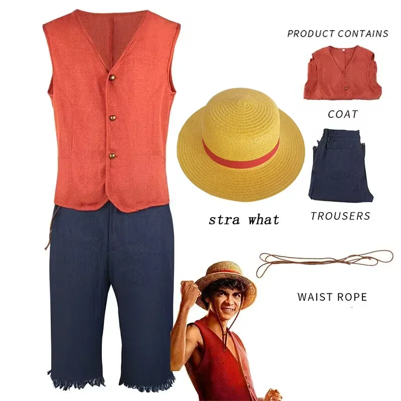 Costume de Cosplay du Film Monkey D Rufy pour Homme et Femme, Uniforme avec Chapeau de Paille et Pantalon, Haut Rouge, Ensemble Complet, pour ixd'Halloween et Carnaval