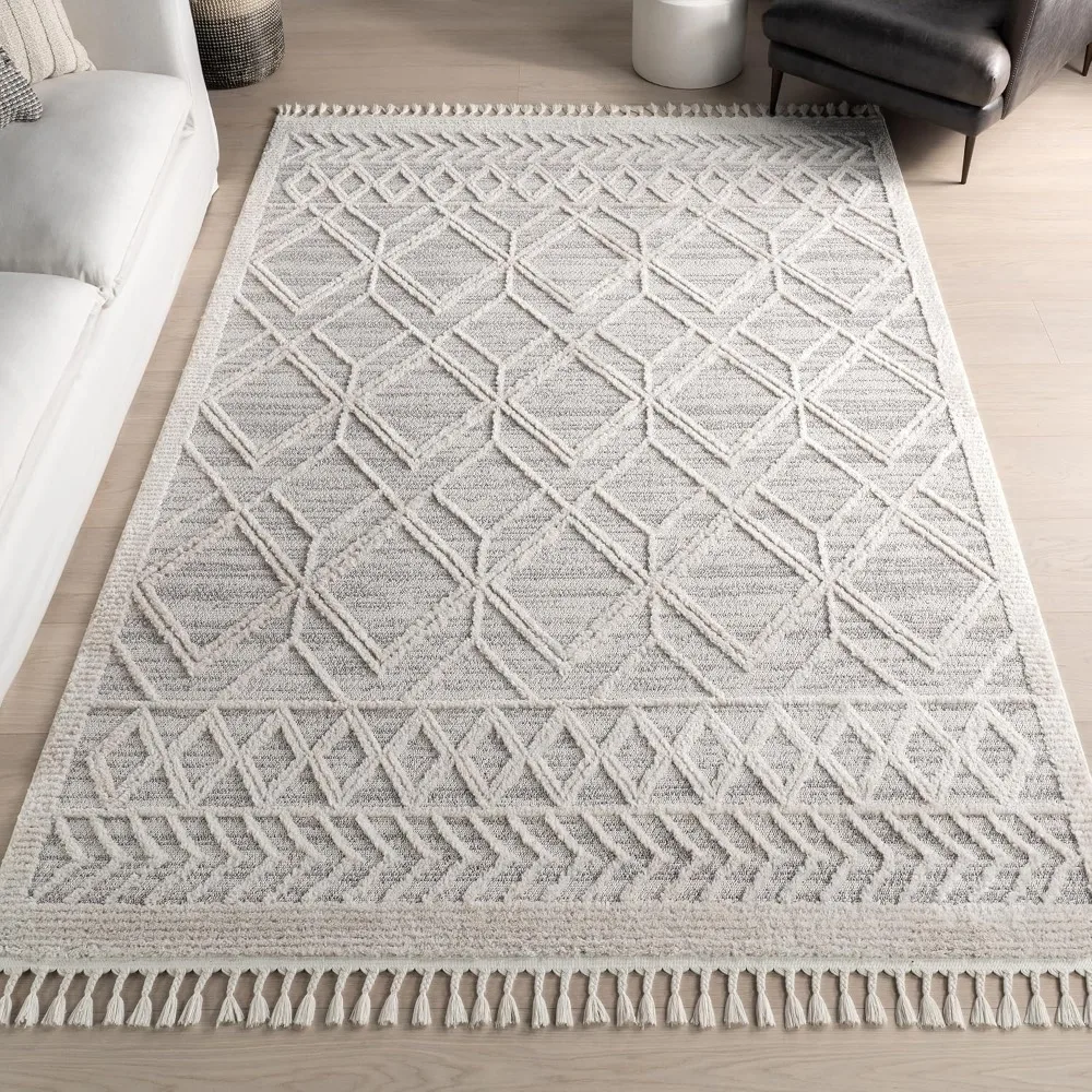 NuLoom Ansley Moroccan Tassel Rug, 8x11, Light Grey, Textured Bohemian Style, Plush Pile, Stain Resistant