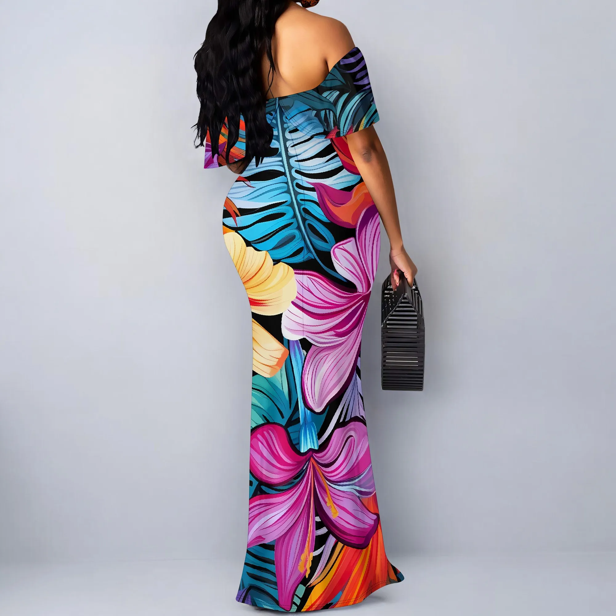 ดอกไม้เขตร้อนพิมพ์ปิดไหล่ Ruffle Maxi ชุดผู้หญิงวันหยุดชายหาด SLIM FIT ชุด