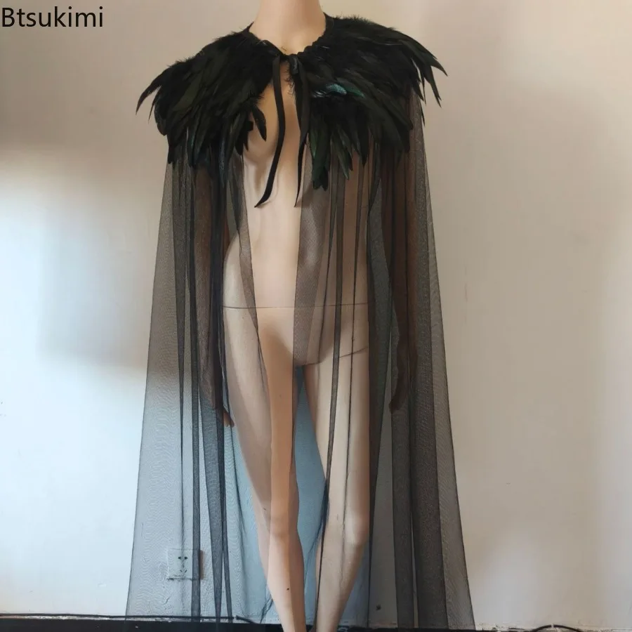 Schwarzer böser Königin-Hexenumhang, Steampunk-Federkragen, leichter Gaze-Umhang, Halloween, Cosplay, Tanzaufführung, Requisite, Länge 180 cm
