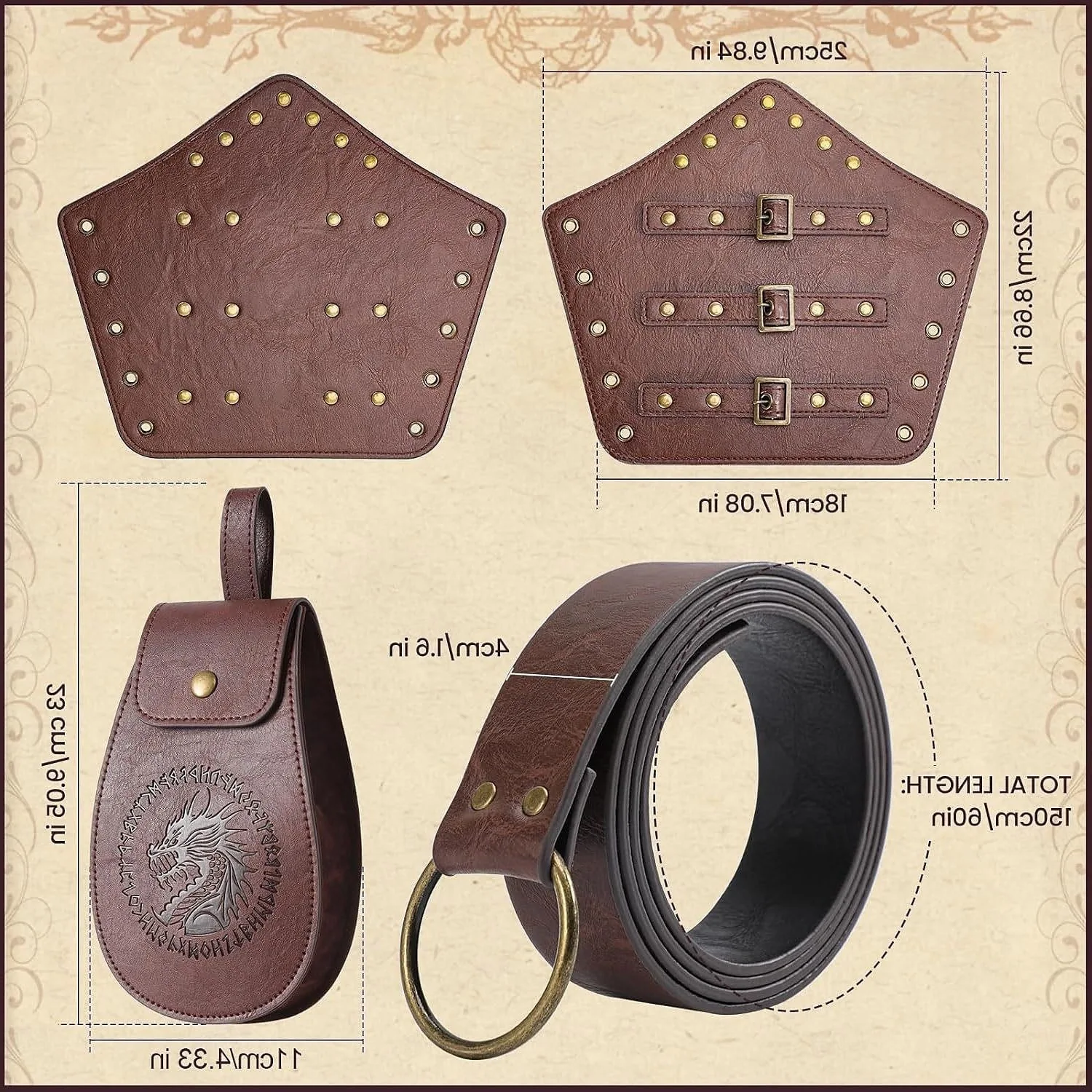 Protetores de pulso de couro medieval com tachas, cinto de bainha de espada de cavaleiro viking, adereços para festa de cosplay de Halloween