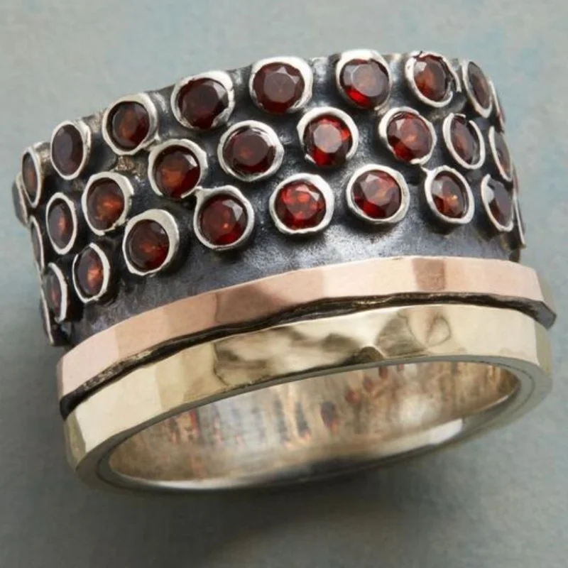 Ladies' Vintage Wide Face Ring Inlay Circular Red Synthetic Zircon Contrasting Layered Design Bohemian Style Ring Jewelry