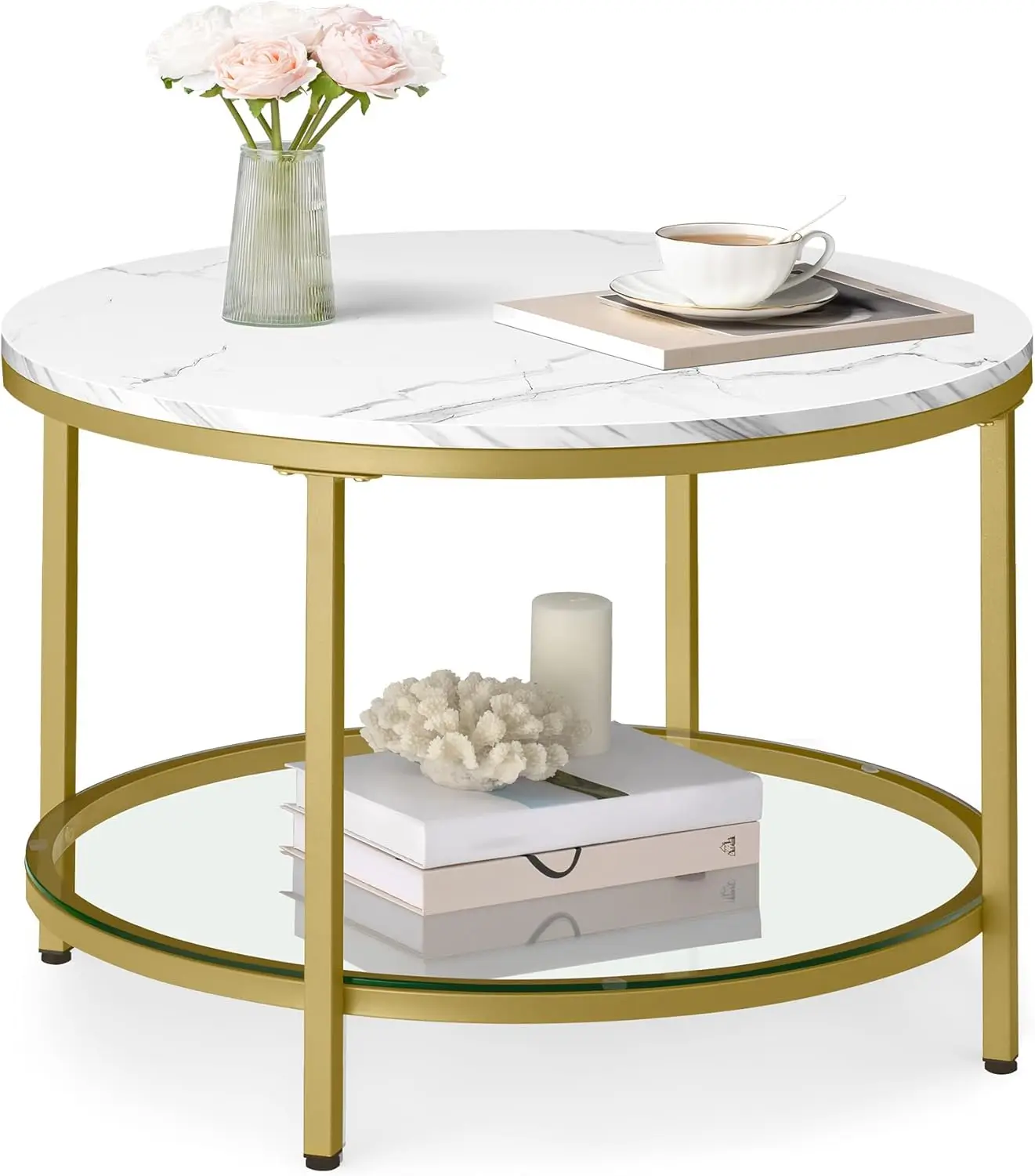 Round Coffee Table, Small Coffee Table with Faux Marble Top and Glass Storage Shelf, 2-Tier Circle Coffee Table, Modern Center T