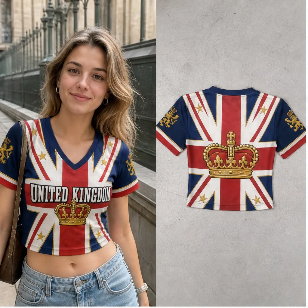 Women United Kingdom V Neck Crop Top Royal Crown Union Flag Star Print Short Sleeve Summer Casual Streetwear Fashion Tee Outfits