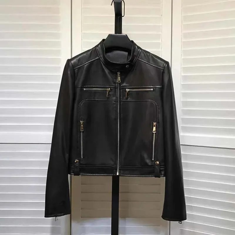 Women Coat Spring 2026 New Fashion Leather With Tanning Treatment Stand-Up Collar Style Casual Female Clothes Short Length